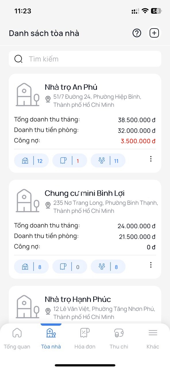 Màn hình danh sách tòa nhà