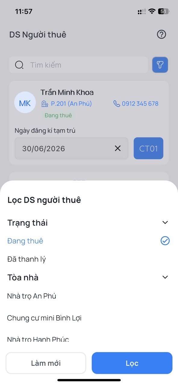 Màn hình danh sách người thuê